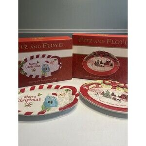 Pair of Fitz & Floyd Santa Holiday Sentiment Tray Ceramic Snowman Owl Appetizers